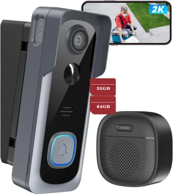 Obrázek produktu pro 2K WLAN zvonek s kamerou Noční vidění Video Bezdrátový zvonek Bezdrátový zvonek s gongem 32 a 64GB TF karta