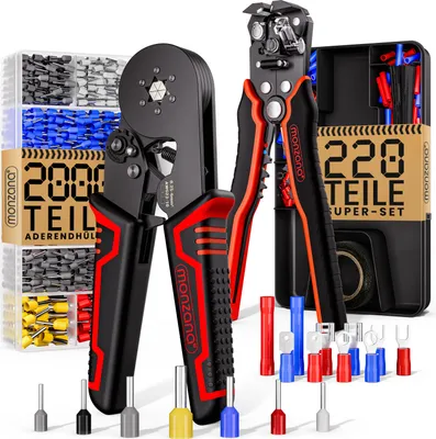 Produktbild von MONZANA® Crimpzange Sechskant 0,25-6mm² 2000tlg. Abisolierzange 3in1 Set 220-teilig Zubehör Box 0,2-6mm² Aderendhülsen Set Tasche Aderendhülsenzange