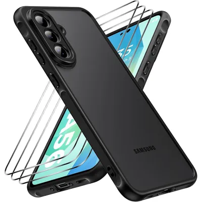 Immagine prodotto di Custodia protettiva con 3 vetri temperati per Samsung Galaxy A56 5G, colore nero, opaca e traslucida, resistente agli urti, con protezione per la fotocamera