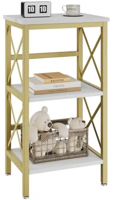 Zdjęcie produktu dla Regał stojący z 3 półkami, rama typu "X", wymiary 40x29x75 cm, wzór marmuru w kolorach białym i złotym