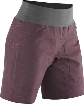 Edelrid Wo Sansara Shorts II in lila mit breitem; grauem Bund; ideal für Klettern und Bouldern.
