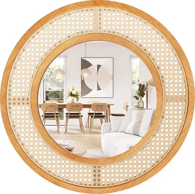 Produktbild von GOPLUS Wandspiegel, dekorativer Spiegel mit Holzrahmen in Rattanoptik, Hängespiegel Badspiegel Boho Dekospiegel für Flur, Rund