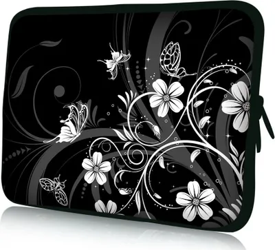 Produktbild von wortek, Neopren Laptoptasche, Schwarz Weiß, ca. 10.2 Zoll, 26.5 x 18.5 x 3 cm (LxBxH), Universal, wasserabweisend, Schmetterling Blumen Ranke