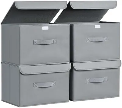 Produktbild von PolkaHome® 4er-Set faltbare Aufbewahrungsboxen mit Deckel, hellgrau, 38x25x25 cm, für Kleidung & Bücher
