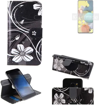 Produktbild von K-S-Trade Schutzhülle Handyhülle kompatibel mit Samsung Galaxy A51 5G Hülle 360° Wallet Case ''Flowers'' Klapphülle Hülle schwarz-weiß 1x
