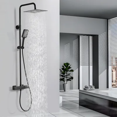 Produktbild von Duschsystem mit Thermostat - Edelstahl - 25 cm Regendusche - Höhenverstellbare Duschstange