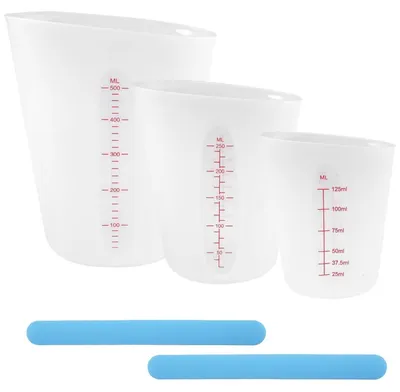 Produktbild von Silikon Messbecher Set 3 Stück 500ml/250ml/125ml mit 2 Rührstäbchen | Epoxidharz Mischbecher mit Skala