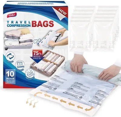 Image de Sacs sous vide de voyage, lot de 12, réutilisables, 40 x 40/50/60 cm, pompe USB