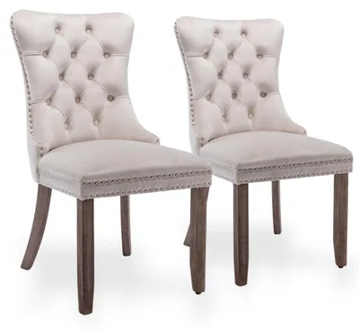 Productafbeelding van Set van 2 fluweleetstoelen voor de eetkamer, met hoge rugleuning en frame van rubberhout, beige kleur