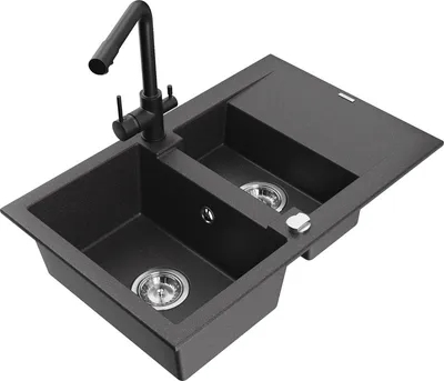 Produktbild von Mexen Gaspar 1,5-Becken-Granitspüle mit Abtropffläche und Mischbatterie Duero, Schwarz gesprenkelt - 6507-76-671600-70