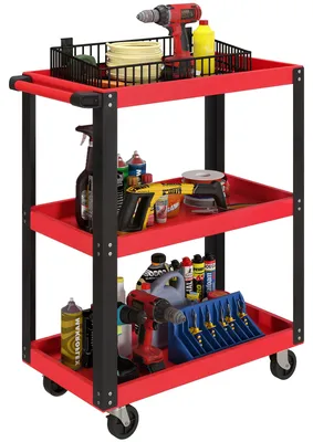 Productafbeelding van Gereedschapswagen met 3 niveaus, metalen frame, draagvermogen 120 kg, wielen, handgreep, rood