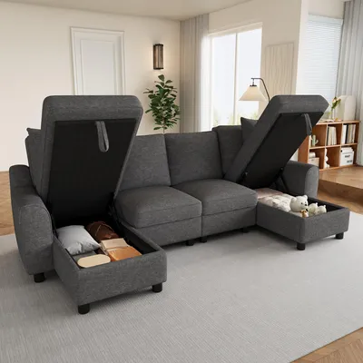 Produktbild von okwish Ecksofa mit zwei Chaiselongues, Wohnzimmersofa mit zwei Kissen, U-Form Sofa mit Stauraum, Schlafsofa Chenille in Grau