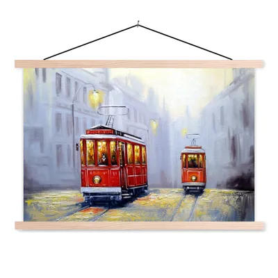 Produktbild von MuchoWow® Textilposter Gemälde - Straßenbahn - Stadt - Öl 60x40 cm mit holzfarbenen Rahmen - Bilder