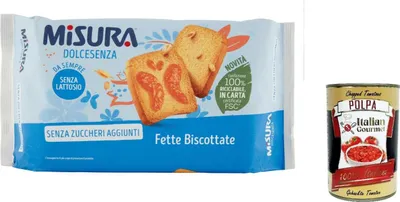 Produktbild von 6x Misura Fette Biscottate Dolcesenza Zwieback ohne Zuckerzusatz 320g + Italian Gourmet polpa 400g