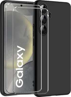 A black phone case and screen protector are displayed.