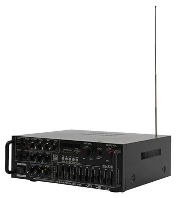 Obrázek produktu pro Stereo zesilovač – AV-326BT – výstupní výkon 2×200 W – Bluetooth – dálkové ovládání – MP3 přehrávač s USB/SD – 4 mikrofonní vstupy – pro domácnost a auto – černý