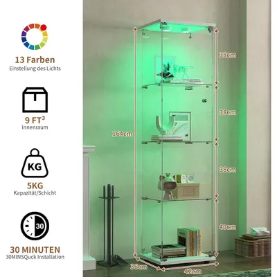 Zdjęcie produktu dla Szkło witrynowe z oświetleniem LED, 1 drzwi z zamkiem, 4 półki, wymiary: 164x42x36 cm, kolor biały