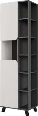 A tall, narrow cabinet with two white doors on the left and open shelves on the right, set against a white background.