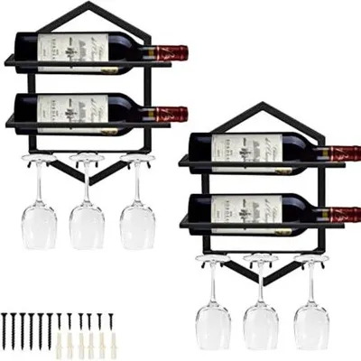 Produktbild von Unyqoos® Wand-Weinregal aus Metall – wandmontierter Flaschen- und Gläserhalter für 2 Flaschen & 3–6 Gläser, platzsparend