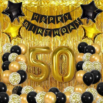 Immagine prodotto di Set di decorazioni - Palloncini - 50° compleanno - Oro e nero - Tenda - Parete - Festa - XL