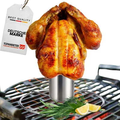 Produktbild von TOPANBIETER 999 Premium Hähnchenhalter Edelstahl für Grill & Backofen, Hänchenhalterung mit Aromabehälter, Hähnchenbräter für knuspriges Brathähnchen & Geflügel - BBQ Hähnchengriller, Geflügelhalter rostfrei