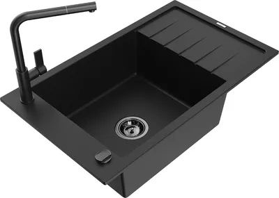 Produktbild von Mexen Elias 1 Becken-Granitspüle mit Abtropffläche und Mischbatterie Flora, Schwarz - 6511-77-670401-70-B