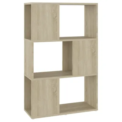 A freestanding, three-tiered bookshelf with open cubbies, presented against a white background.