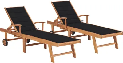 Produktbild von Sonnenliegen 2 Stk. mit Auflagen Schwarz Massivholz Teak