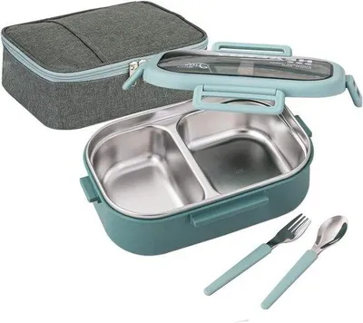 Obrázek produktu pro Nepropustný obědový box z nerezové oceli bez BPA se 2 přihrádkami - 850 ml - s obědovou taškou a sadou příborů - zelený