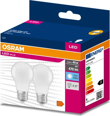 Produktbild von 2PAK LED-Glühbirne E27 A60, 4,9W = 40W, 470lm, 4000K (neutralweiß), 200°, OSRAM VALUE