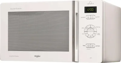 A white Whirlpool microwave oven is shown from the front-left angle against a white background.