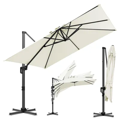 Zdjęcie produktu dla Parasol ogrodowy Izrielar w kolorze kremowym, średnica 300 cm – elegancki parasol ogrodowy z korbą i ochroną przed promieniowaniem UV