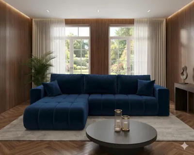 Image de Canapé d’angle LARA PREMIUM gauche bleu foncé velours Monolith 77 - fonction couchage, coffre de rangement pour la literie