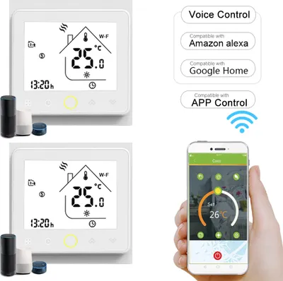 Obrázok produktu pre 2X WiFi Inteligentný izbový termostat Termostat wifi podlahové kúrenie Ovládanie APP Hlasové vyhrievanie steny, ohrev vody, kompatibilné s Alexa/Google for Home – biely vnútorný teplomer