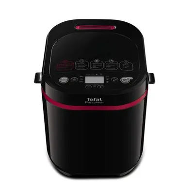 A black and red bread maker is shown from a front-facing, slightly elevated angle against a white background.