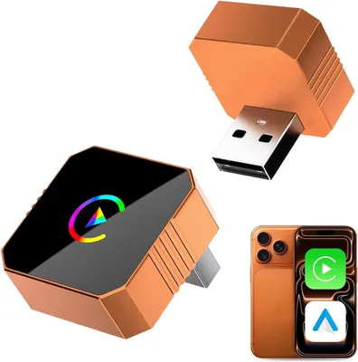 Produktbild von Kabellose Auto CarPlay Box, 2-in-1 Multimedia Konverter, Mini Adapter, Plug & Play, Kompatibel mit iOS & Android, Orange, für Auto KFZ Navigation