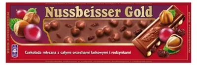 Obrázek produktu pro Nussbeisser Gold mléčná čokoláda s celými lískovými oříšky a rozinkami 220 G