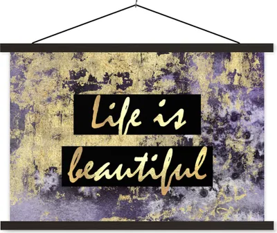 Produktbild von MuchoWow® Textilposter Zitate - Leben - Gold 90x60 cm mit schwarzem Rahmen - Aufhängungssatz