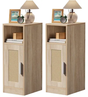 Image de Ensemble de 2 tables de nuit - Table de nuit en rotin - Table d'appoint étroite - Design moderne