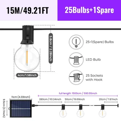 Zdjęcie produktu dla Łańcuch świetlny solarny - G40, LED, do użytku zewnętrznego - 15 m - 26 żarówek - zasilanie solarne - IP44 - możliwość regulacji jasności - ciepła biel 3000 K