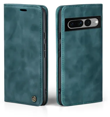 Two views of a teal flip-style phone case for a Google Pixel 7 Pro.