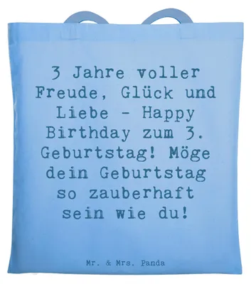 Produktbild von Mr. & Mrs. Panda Uni Tasche Spruch 3. Geburtstag Freude - Sky Blue - Geschenk, Laptoptasche, Happy Birthday, Alter, Jutebeutel, dokumententasche, Party, Tote Bag