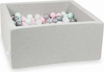 Immagine prodotto di Bacinella grigio chiaro 90x90x40 con 400 palline: Trasparente, madreperla, argento, rosa chiaro, menta chiaro