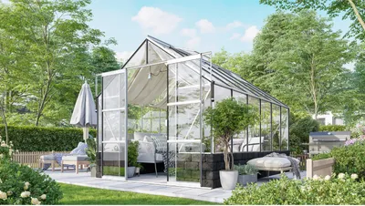 Produktbild von Vitavia Gewächshaus "Cassandra 9900" aluminium eloxiert 9,9 m² mit Sockelmauer in basalt, 3 mm ESG