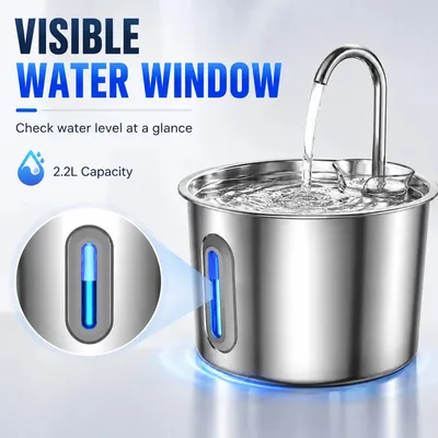 Image de Fontaine à eau pour chats - Distributeur d'eau pour chats - Acier inoxydable 304 - 2,2 litres - Filtration en 3 étapes - Affichage LED - Résistant à la corrosion - 2 filtres inclus