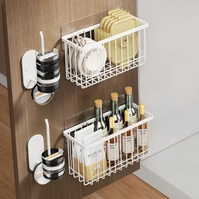 Produktbild von PromoHome® 4-teiliges selbstklebendes Küchenorganizer-Set – Schranktür-Aufbewahrung mit Körben und Deckelhaltern, Weiß