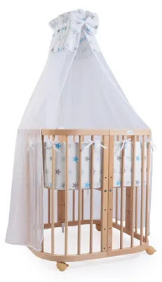 Produktbild von Waldin Babybett Kinderbett 7in1 mit Matratze, mitwachsendes Kinder-Bett,Stoffe Sterne blau,Holz natur