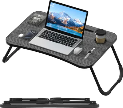 Zdjęcie produktu dla XMTECH Składany stolik na laptopa, 60 x 40 cm, taca do łóżka, stolik na laptopa do łóżka, sofa, taca śniadaniowa, stolik do czytania, z uchwytem na kubek, do biura, salonu i podróży - Czarny