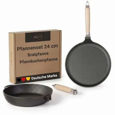 Produktbild von Premium Gusseisenpfannen-Set 24 cm - Crêpepfanne und Bratpfanne aus Gusseisen Pfannkuchenpfanne Crêpes Omlettpfanne Blinipfanne Holzgriff Induktion