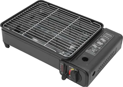 Zdjęcie produktu dla Grill gazowy na kemping - grill stołowy - moc 2,2 kW - podwójne rury palnika - kartusz butanu 220/250 g i butla LPG - zużycie 160 g/h - ruszt do grillowania - 42×26×11 cm - czarny